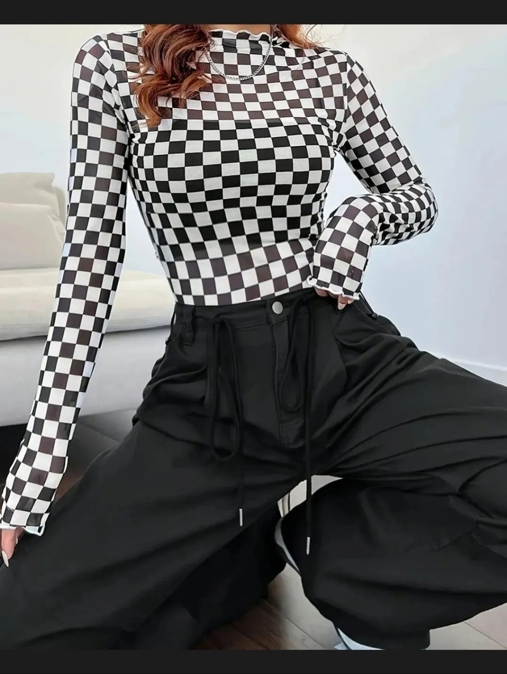 Women's Checkered Long Sleeve Layering Top